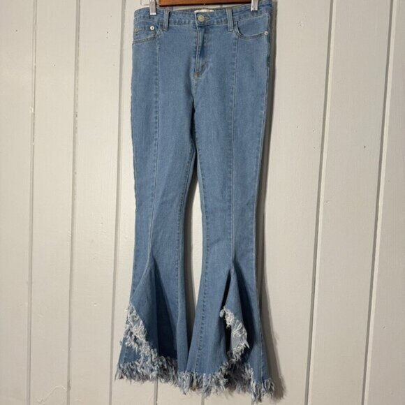 Peach Love California Denim Wide Raw Edge Bell Bottoms Flare Shredded Hem Boho S - Picture 1 of 15